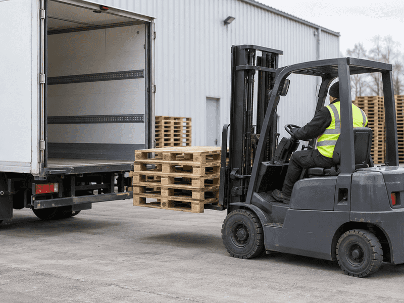AI-genererad illustration: en truck med pallar vid ett transportfordon.